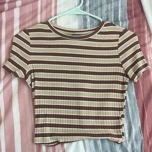 SHEIN Brown and White Ribbed Crop T-Shirt